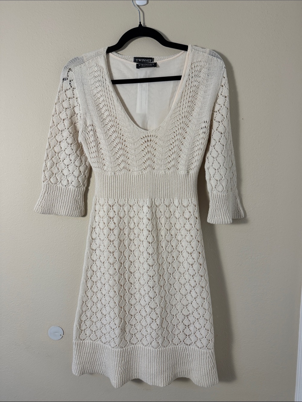 Twin-Set Simona Barbieri Cream Crochet Knit Midi Dress with Slip Size M